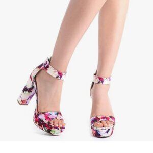 Dream Pairs Floral Hi Lo Open Toe Ankle Strap Chunky Heel Pink White Red Sz 8.5